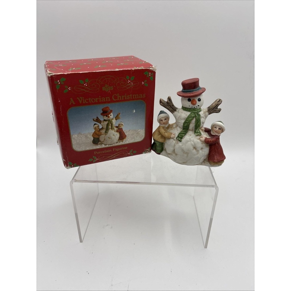 Vtg~Russ~A Victorian Christmas Porcelain Snowman With Kids~9700~IOB